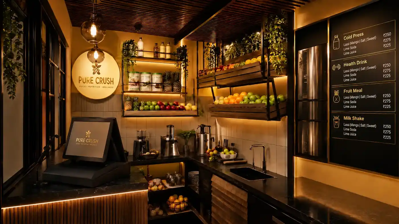 Interior counter at Pure Crush Juice Bar, Kerala - cafe interior design by Radianz, architects in Trivandrum
