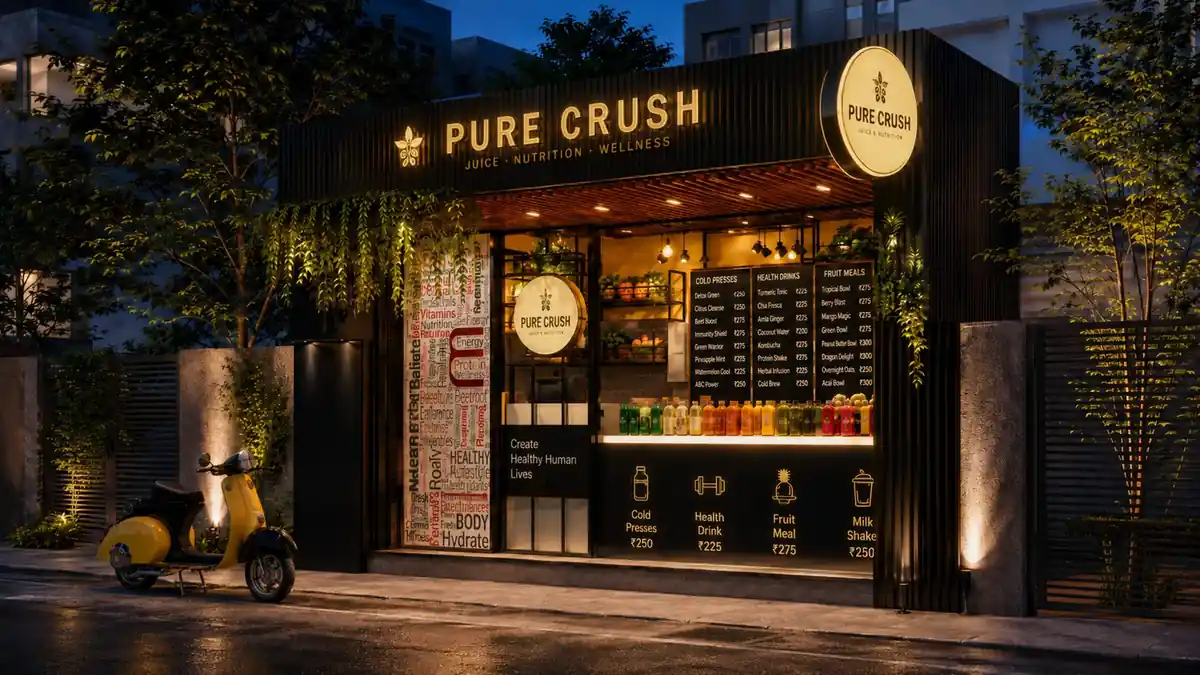 Shopfront and menu board at Pure Crush Juice Bar, Kerala - cafe architecture by Radianz, architects in Trivandrum