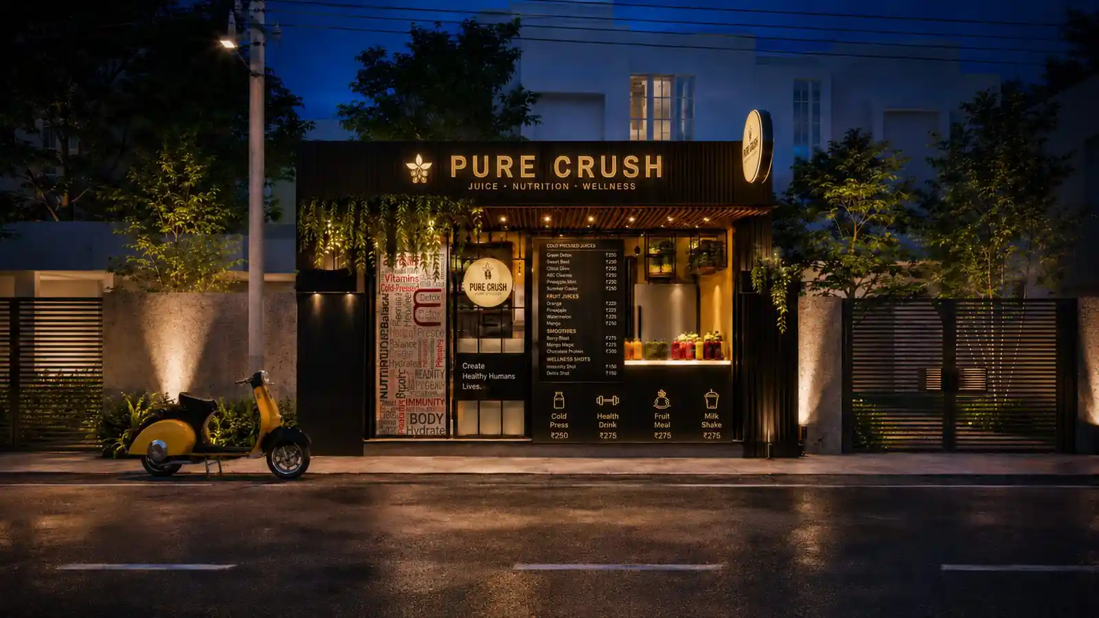 Street view at night at Pure Crush Juice Bar, Kerala - cafe architecture by Radianz, architects in Trivandrum