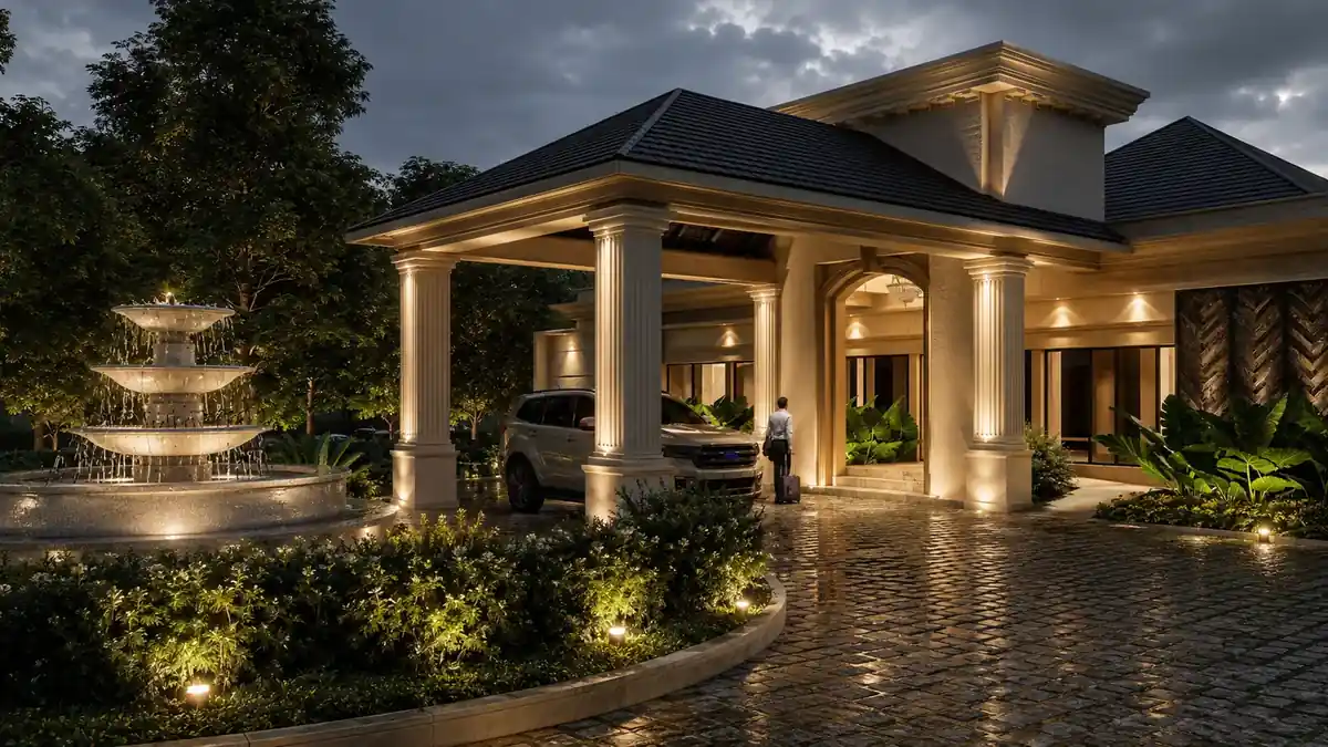 Entrance porte-cochere, Wayanad - concept design visualisation by Radianz