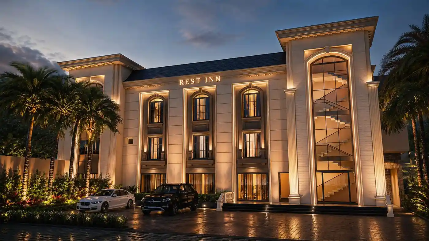 Facade at night, Wayanad - concept design visualisation by Radianz