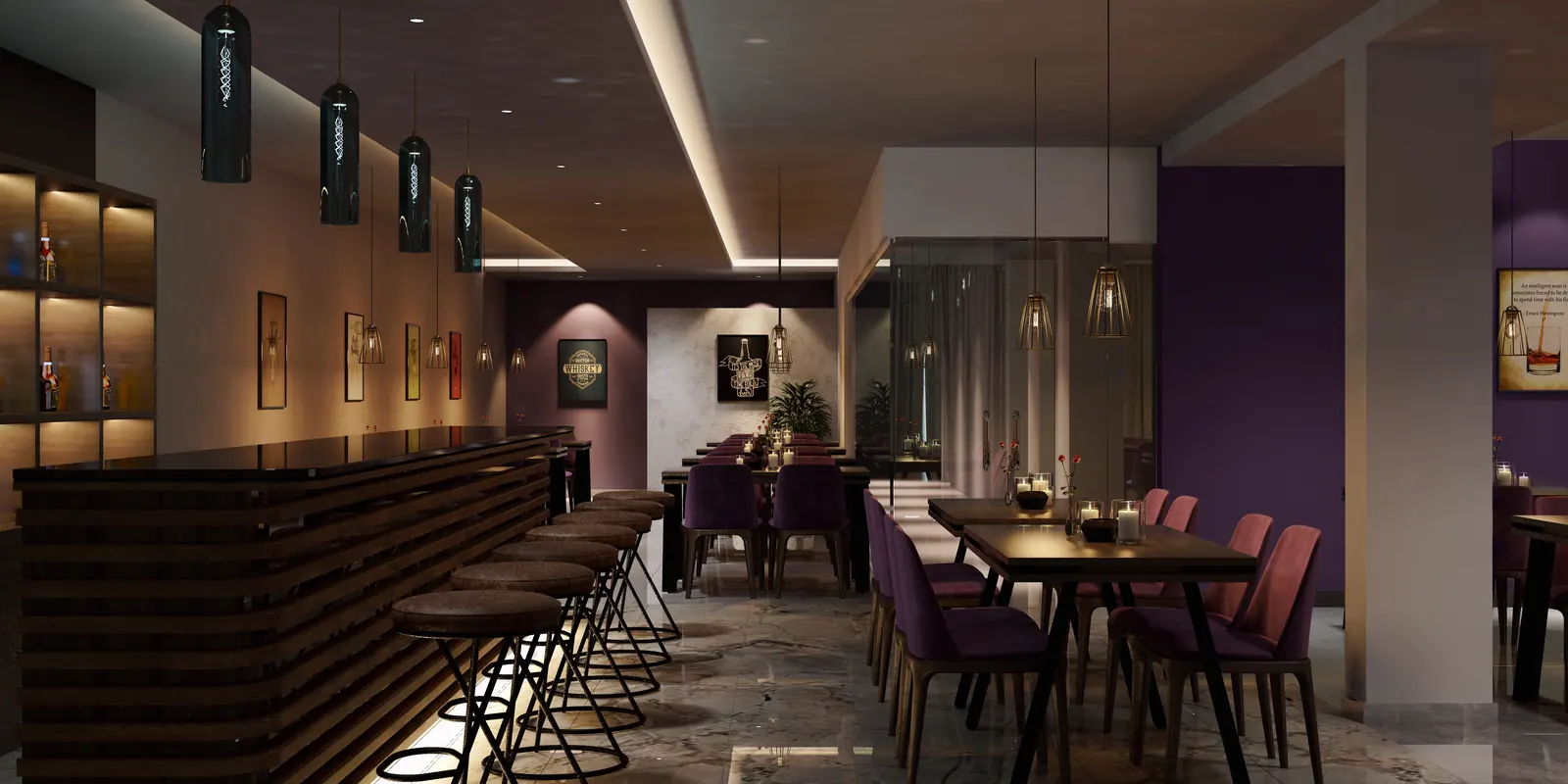 Bar and dining area at Royal Tower, Attingal, Trivandrum - hotel interior design by Radianz, architects in Trivandrum