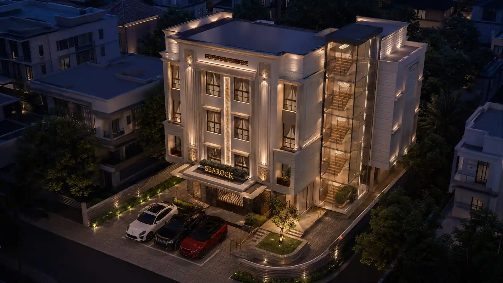 Aerial night view at Searock, Ernakulam - commercial architecture by Radianz, architects in Trivandrum