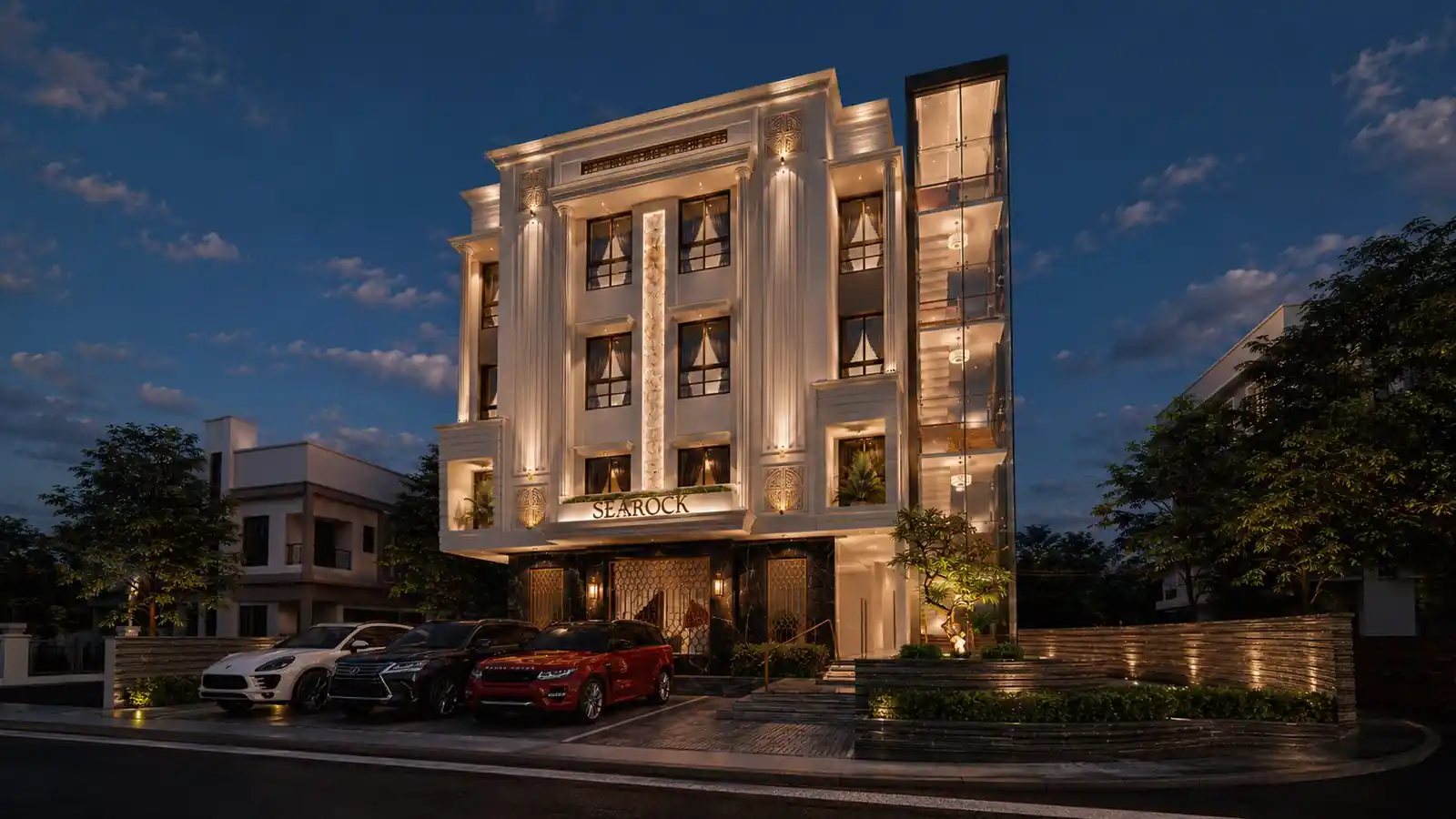 Hotel at twilight designed by Radianz