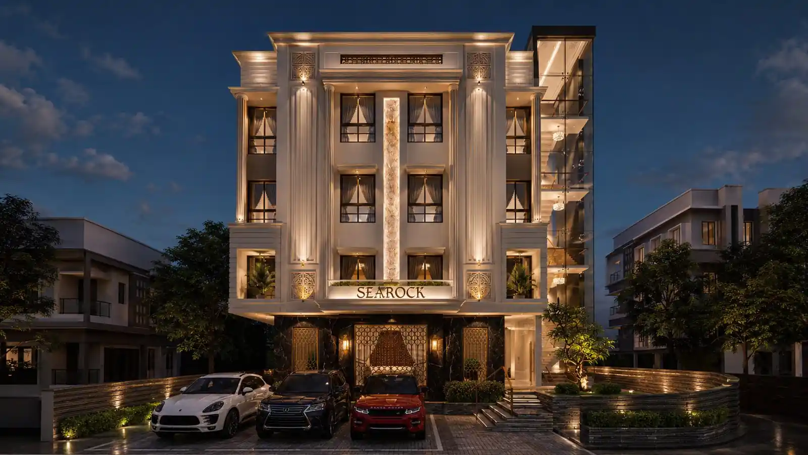 Front elevation at night at Searock, Ernakulam - commercial architecture by Radianz, architects in Trivandrum
