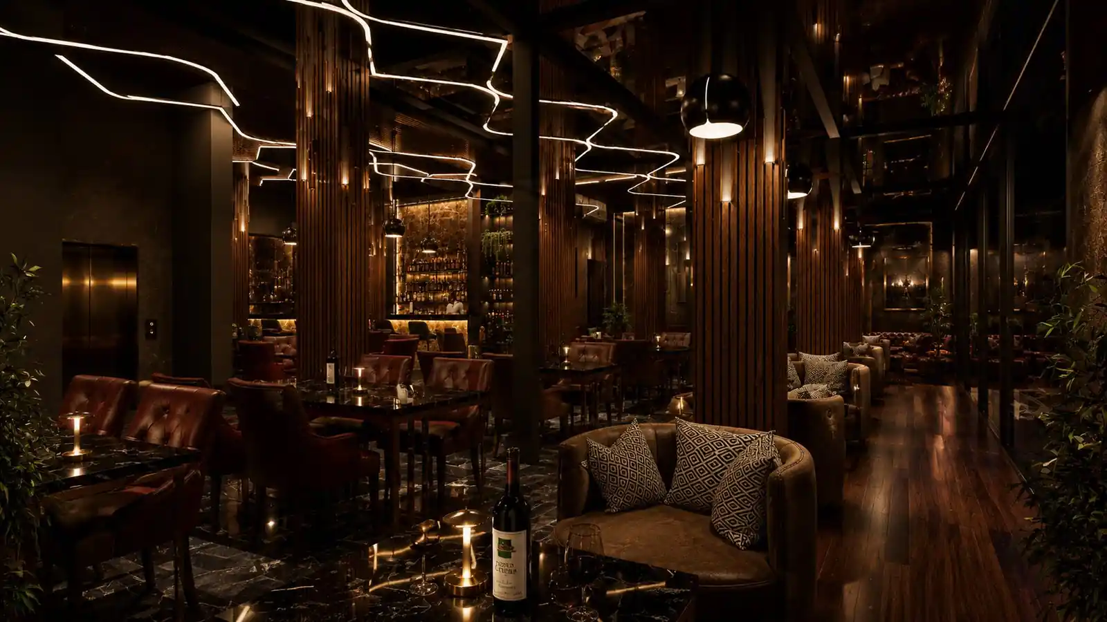 Dining lounge leather banquette at Searock, Ernakulam - hospitality interior design by Radianz, architects in Trivandrum