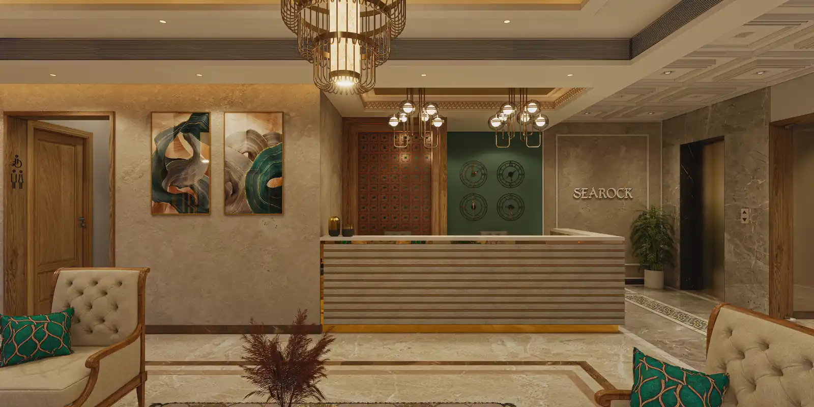 Lobby interior at Searock, Ernakulam - hotel interior design by Radianz, architects in Trivandrum
