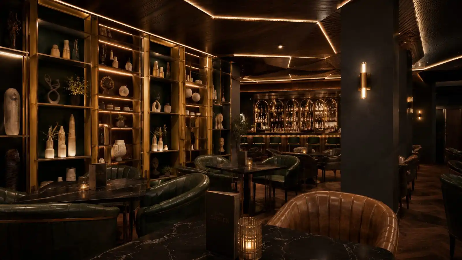Lounge bar display shelves at Searock, Ernakulam - hospitality interior design by Radianz, architects in Trivandrum