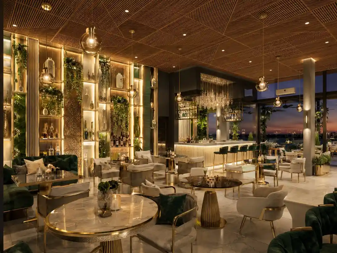 Rooftop bar lounge greenery at Searock, Ernakulam - hospitality interior design by Radianz, architects in Trivandrum