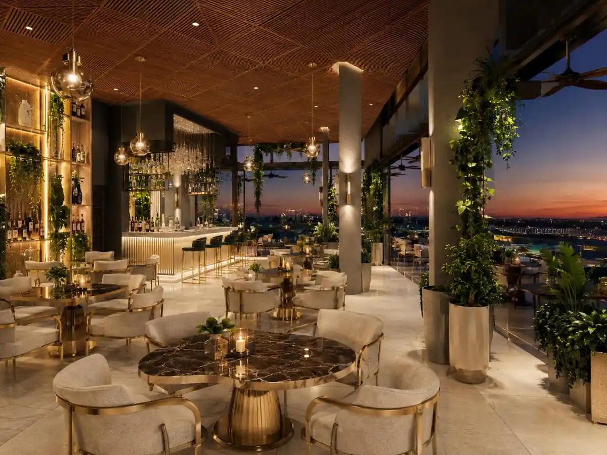 Rooftop bar terrace at sunset at Searock, Ernakulam - hospitality interior design by Radianz, architects in Trivandrum