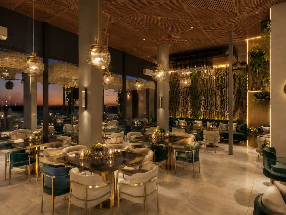 Rooftop restaurant at sunset with city view at Searock, Ernakulam