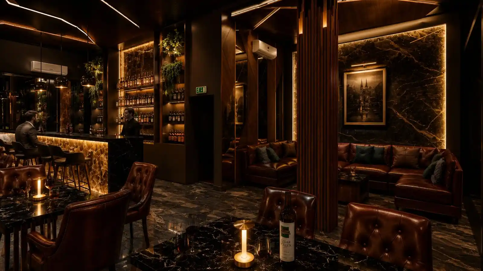 Whisky lounge Chesterfield seating at Searock, Ernakulam - hospitality interior design by Radianz, architects in Trivandrum