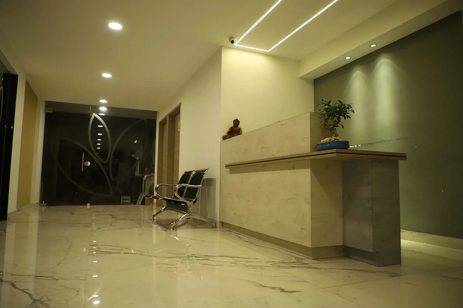 Reception corridor at Skincare med-spa, Kerala - wellness clinic interior design by Radianz, architects in Trivandrum