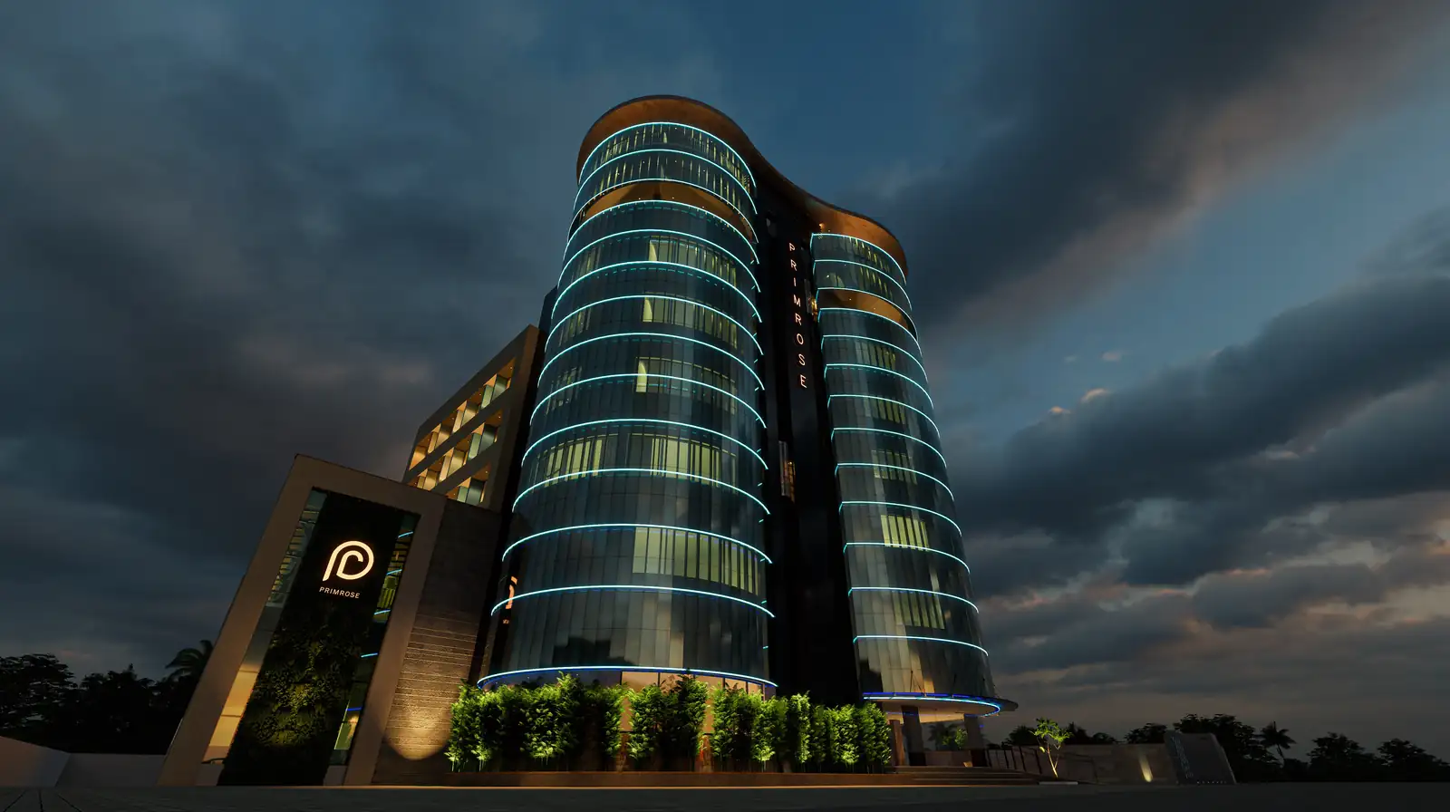 Facade at night at Travancore Hotel, Vazhayila, Trivandrum - hotel architecture by Radianz, architects in Trivandrum