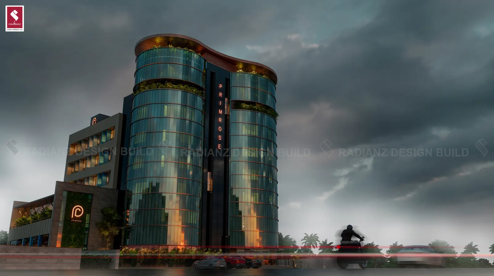 Facade at Travancore Hotel, Vazhayila, Trivandrum - hotel architecture by Radianz, architects in Trivandrum