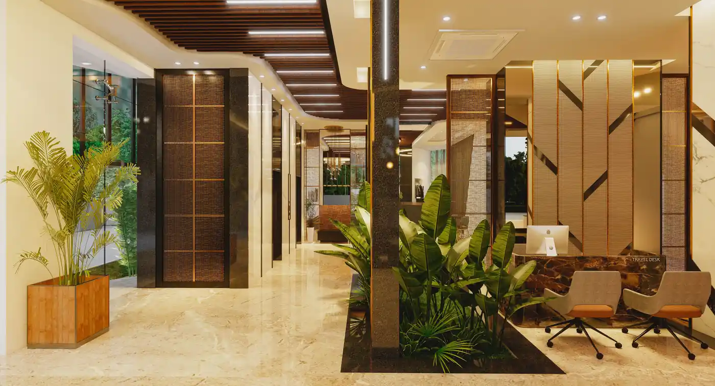 Lobby corridor at Travancore Hotel, Vazhayila, Trivandrum - hotel interior design by Radianz, architects in Trivandrum