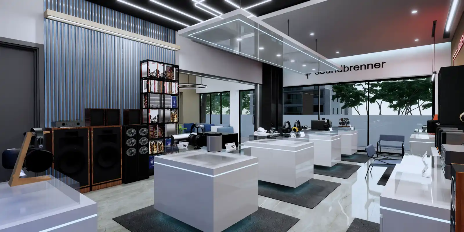 Interior at Vipin Audio Showroom, Trivandrum - retail interior design by Radianz, architects in Trivandrum
