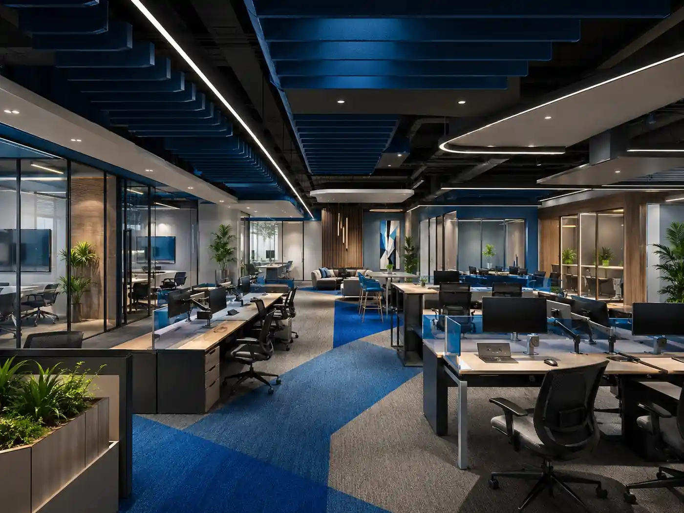 Corporate office open-plan at Zyrova, Kerala - workplace interior design by Radianz, architects in Trivandrum