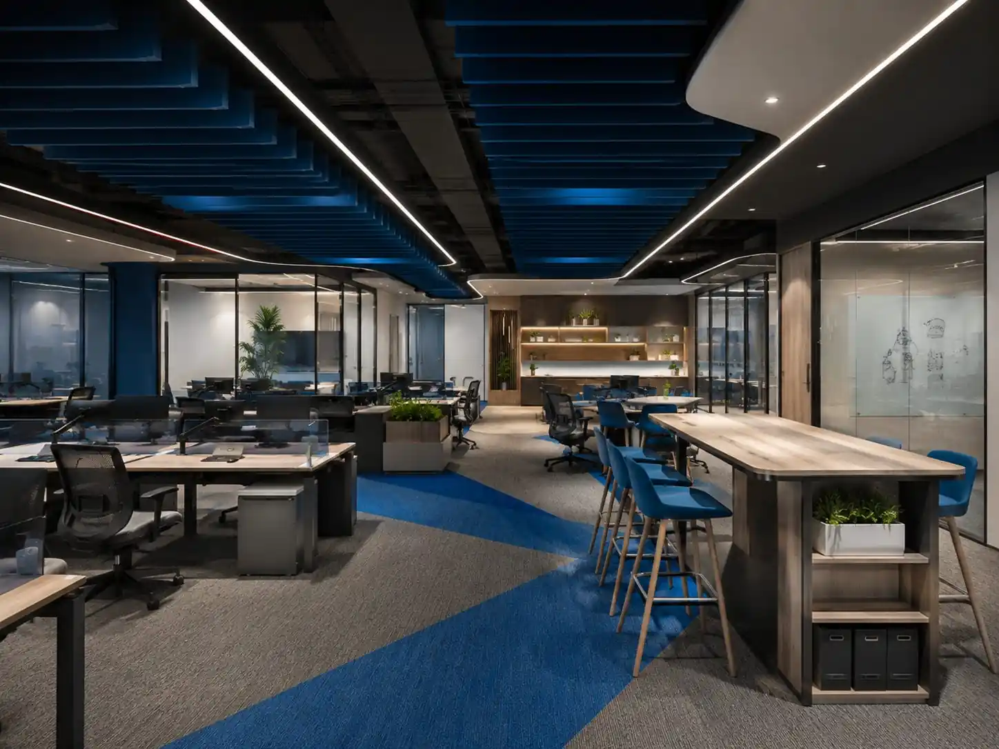 Office breakout workspace at Zyrova, Kerala - workplace interior design by Radianz, architects in Trivandrum