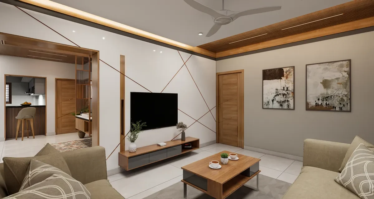 Living room with a white feature wall crossed by thin timber lines, a sofa set and a view through to the dining area