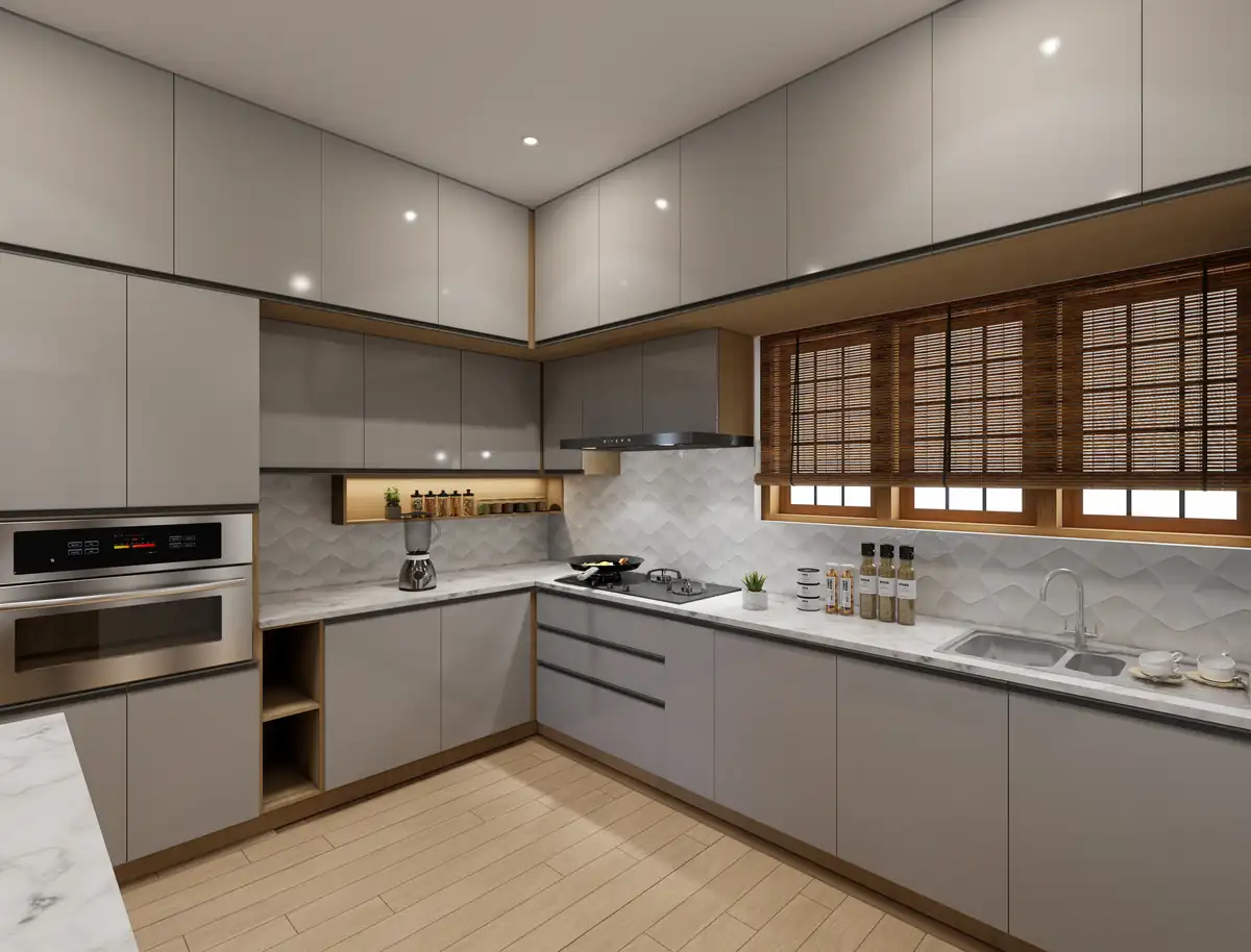 L-shaped kitchen with grey cabinets, a marble counter and a timber-framed window above the sink
