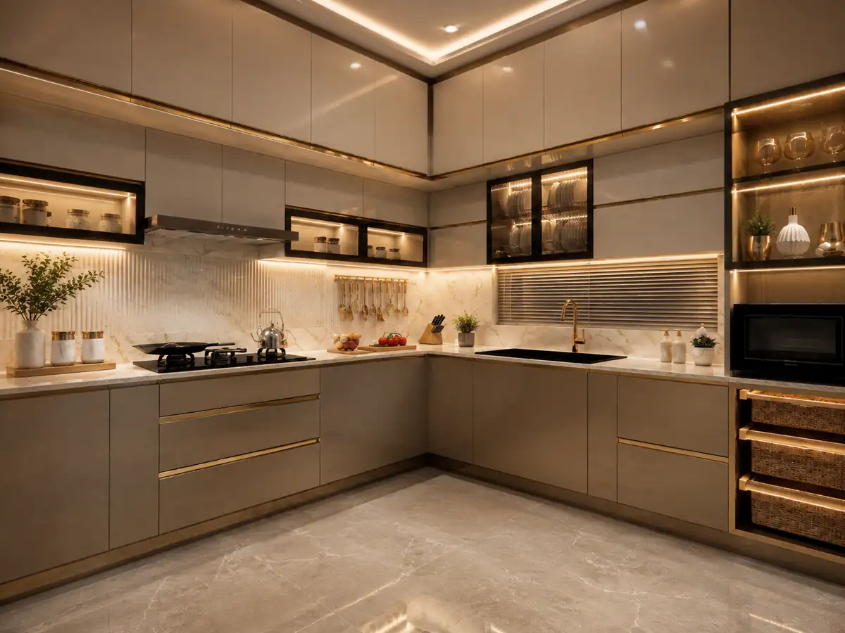 L-shaped modular kitchen interior, Kerala home in Trivandrum - interior design by Radianz, architects in Trivandrum