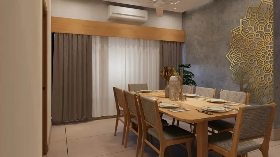 Dining room for eight with a timber table and a gold mandala screen on the wall