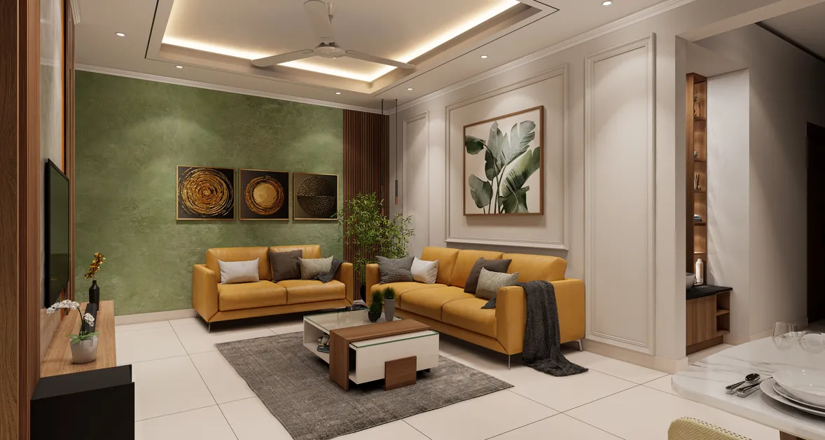 Living room with green textured accent wall and leather sofas, Kazhakkoottam, Trivandrum - interior design by Radianz, architects in Trivandrum