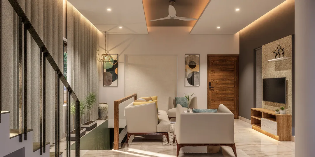Living room, residence in Paruthippara, Trivandrum - interior design by Radianz, architects in Trivandrum