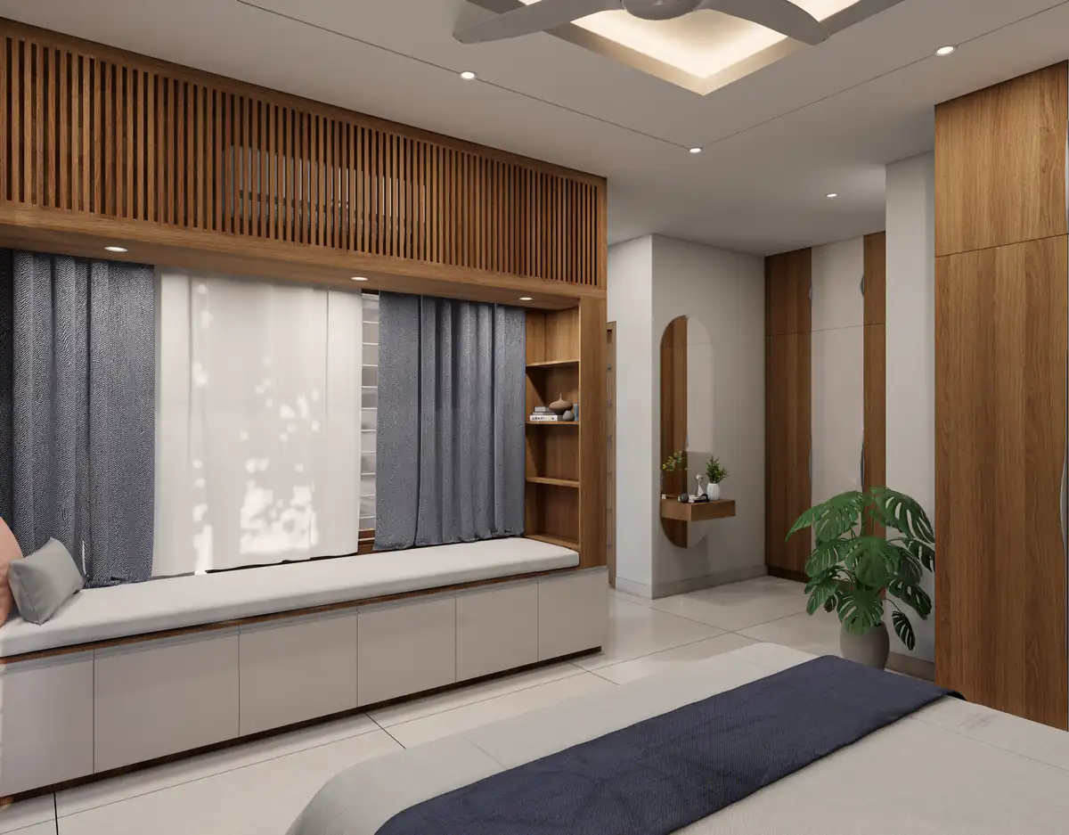 Bedroom with a fluted timber wall, a cushioned window seat under sheer curtains and a dressing unit