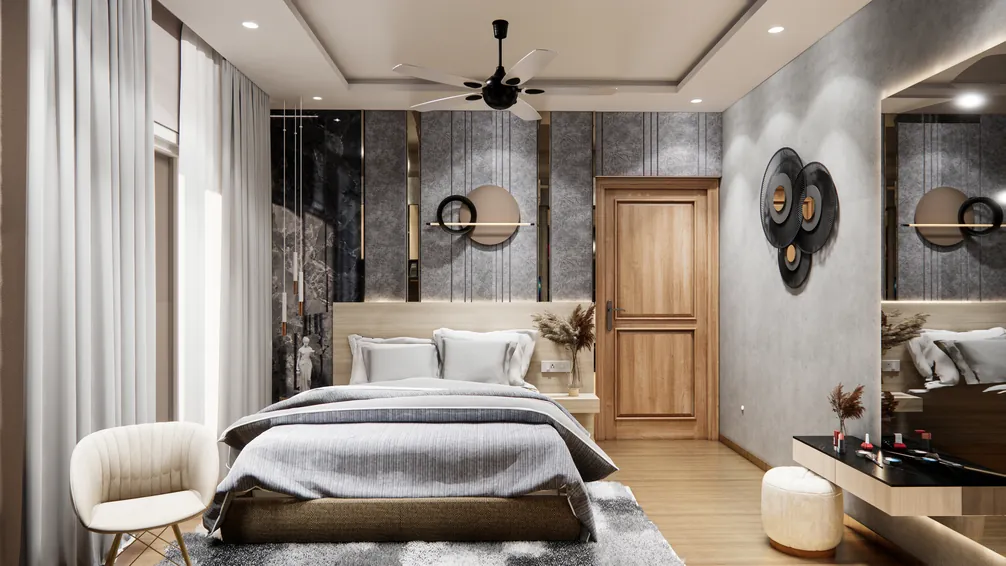 Master bedroom with panelled headboard wall and dresser, Poojapura, Trivandrum - interior design by Radianz, architects in Trivandrum