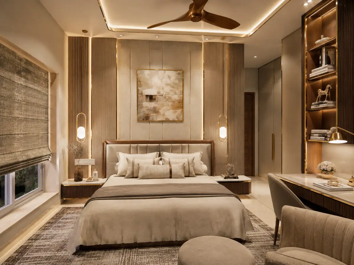 Master bedroom with a fluted timber headboard wall, cove lighting, a built-in wardrobe and a window seat, Kerala home