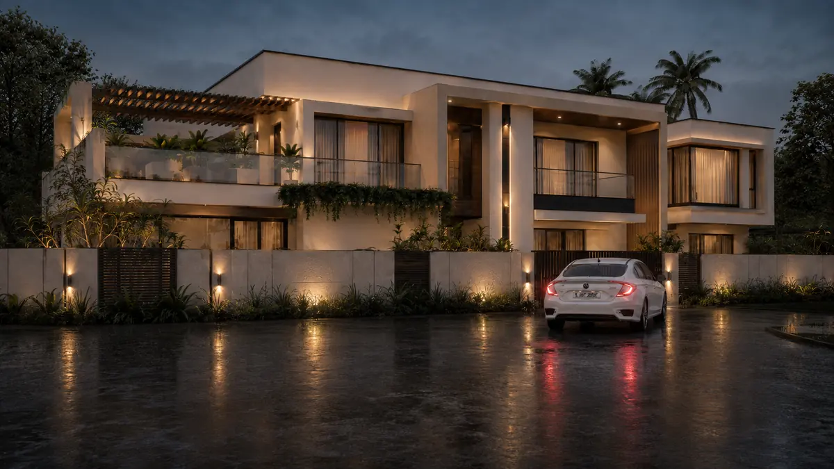 Modern house elevation with facade lighting at night in Kaniyapuram, Trivandrum