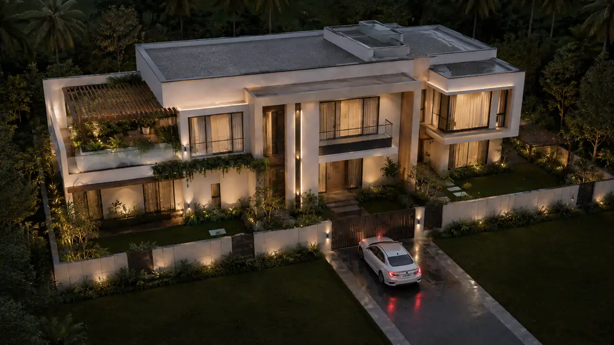 Modern house front elevation, aerial night view in Kaniyapuram, Trivandrum