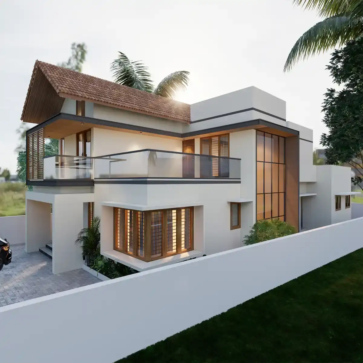 Modern Kerala two-storey home elevation at dusk in Kudappanakunnu, Trivandrum