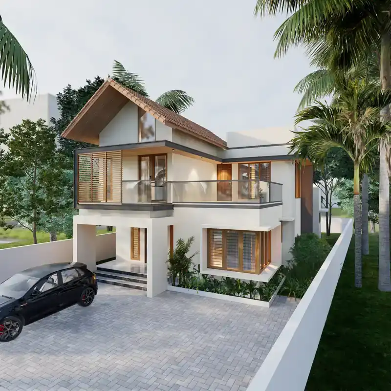 Modern Kerala two-storey home elevation front view in Kudappanakunnu, Trivandrum