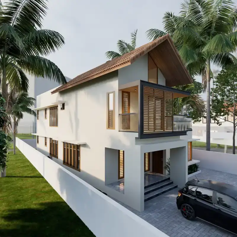 Modern Kerala two-storey home elevation side view in Kudappanakunnu, Trivandrum
