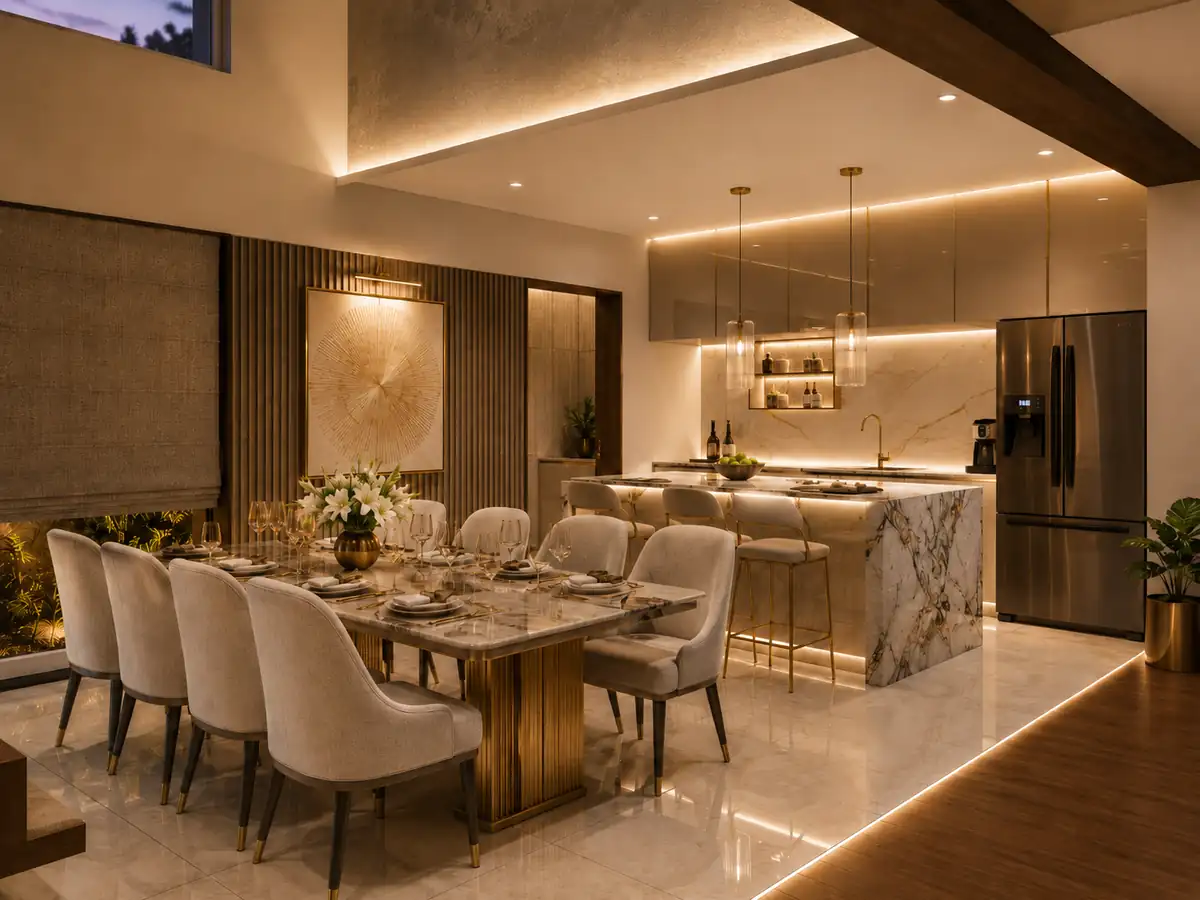 Open-plan dining and island kitchen interior in Trivandrum - interior design by Radianz, architects in Trivandrum