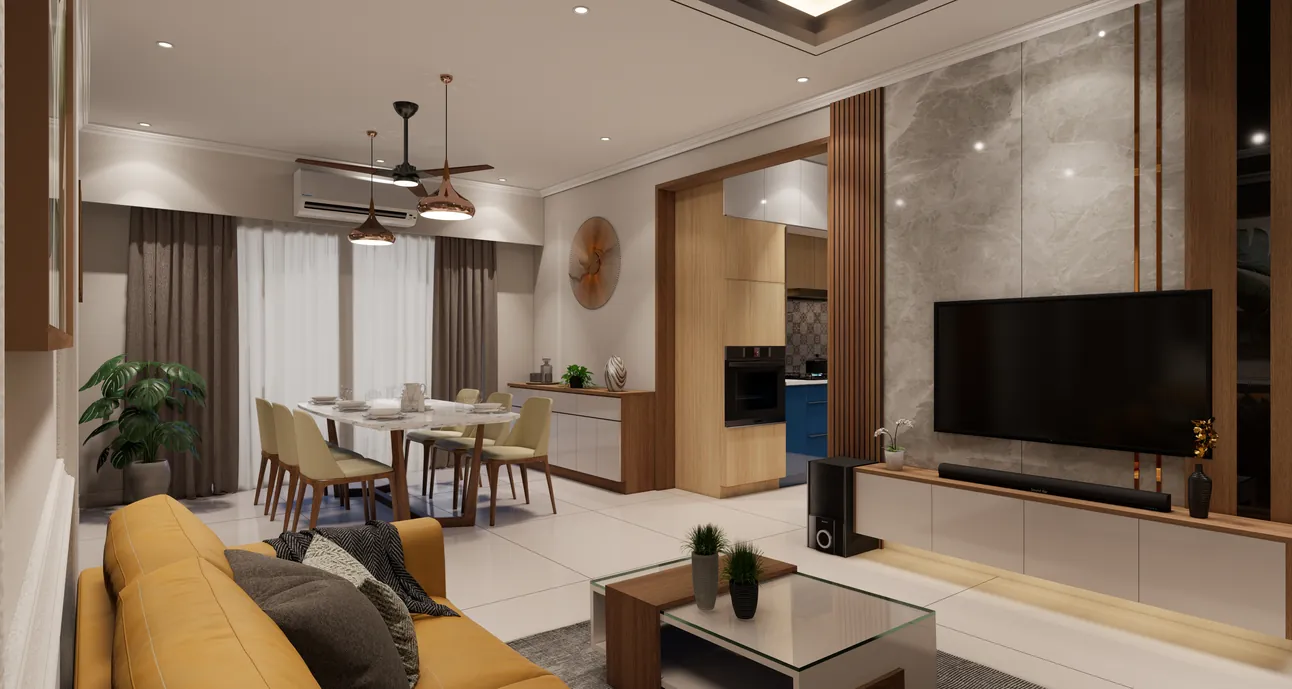 Open-plan living and dining with marble TV wall, Kazhakkoottam, Trivandrum - interior design by Radianz, architects in Trivandrum