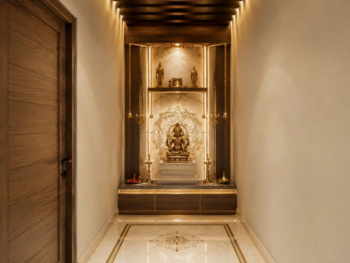 Pooja room interior with backlit marble, Kerala home in Trivandrum - interior design by Radianz, architects in Trivandrum