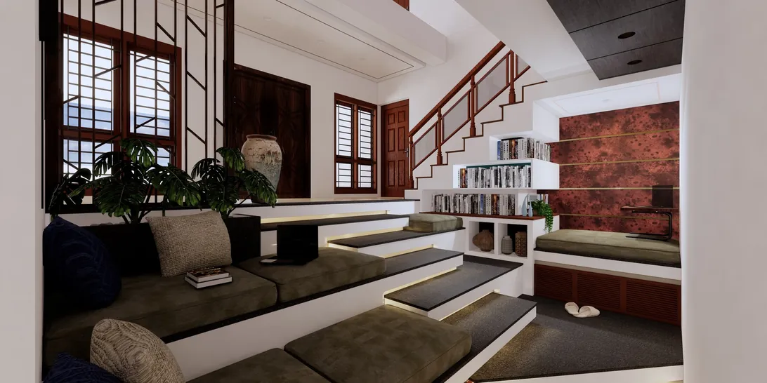 Stepped seating lounge with built-in bookshelves, Akkulam, Trivandrum - interior design by Radianz, architects in Trivandrum