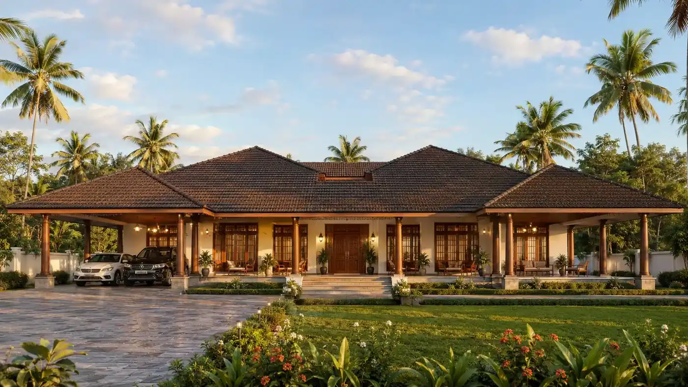 Traditional Kerala bungalow elevation with clay tiled roof, timber columns and open verandah, Trivandrum - architecture by Radianz, architects in Trivandrum