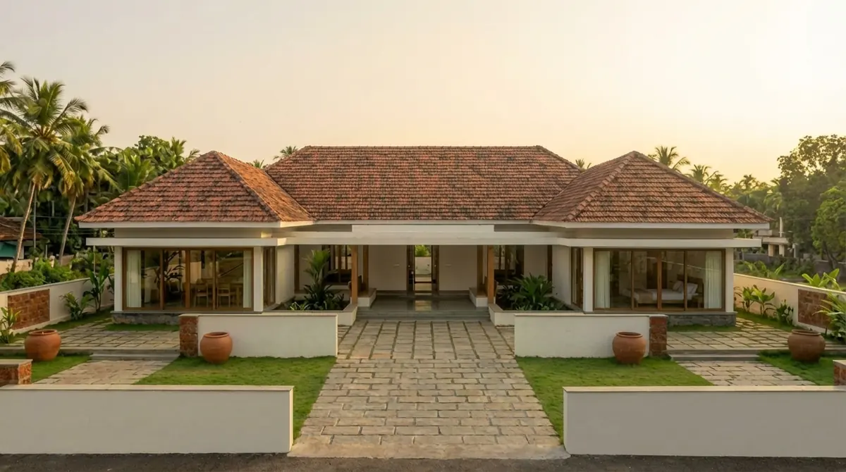 Long single-storey Kerala home with a clay-tiled roof, a stone path across the lawn and planters along the front yard