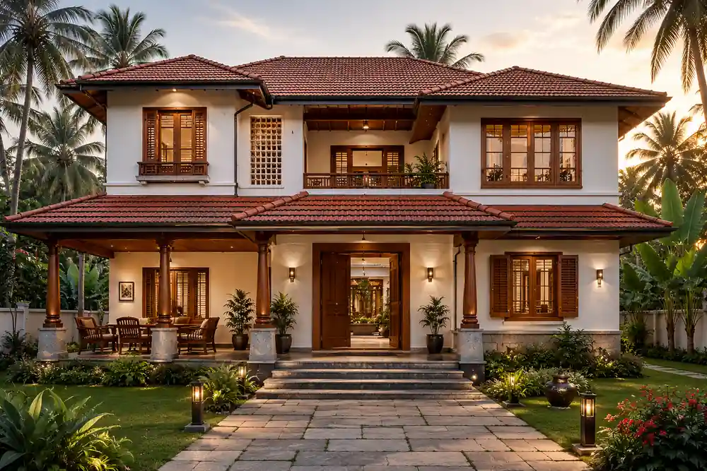Two-storey Kerala home with clay-tiled roofs, a deep verandah with chairs and a stone path through the lawn