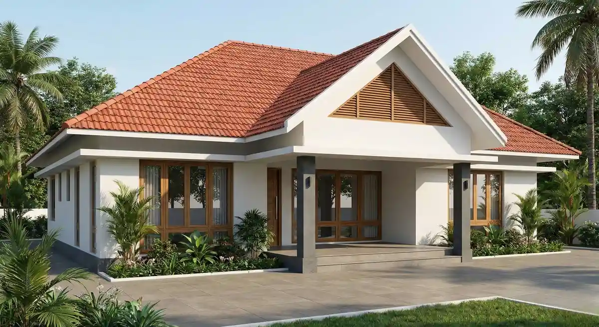 Tiled roof with a louvred timber gable vent set above a shaded front verandah