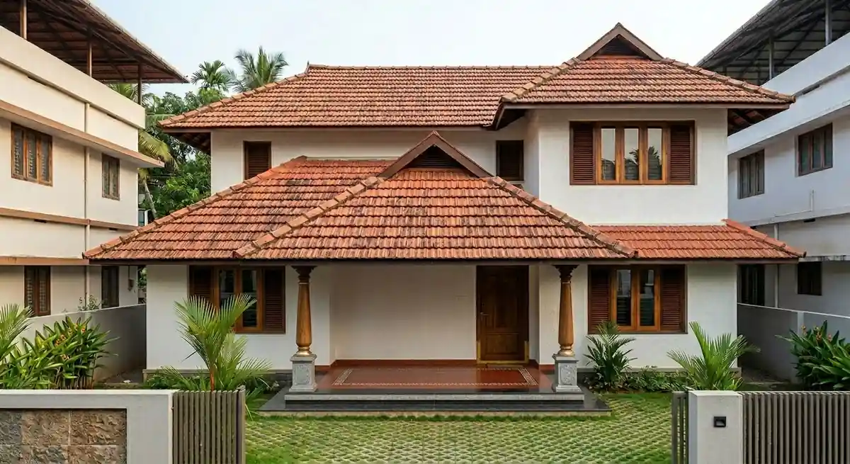 Terracotta tiled roofs over a verandah on timber columns, with louvred shutters shading every window