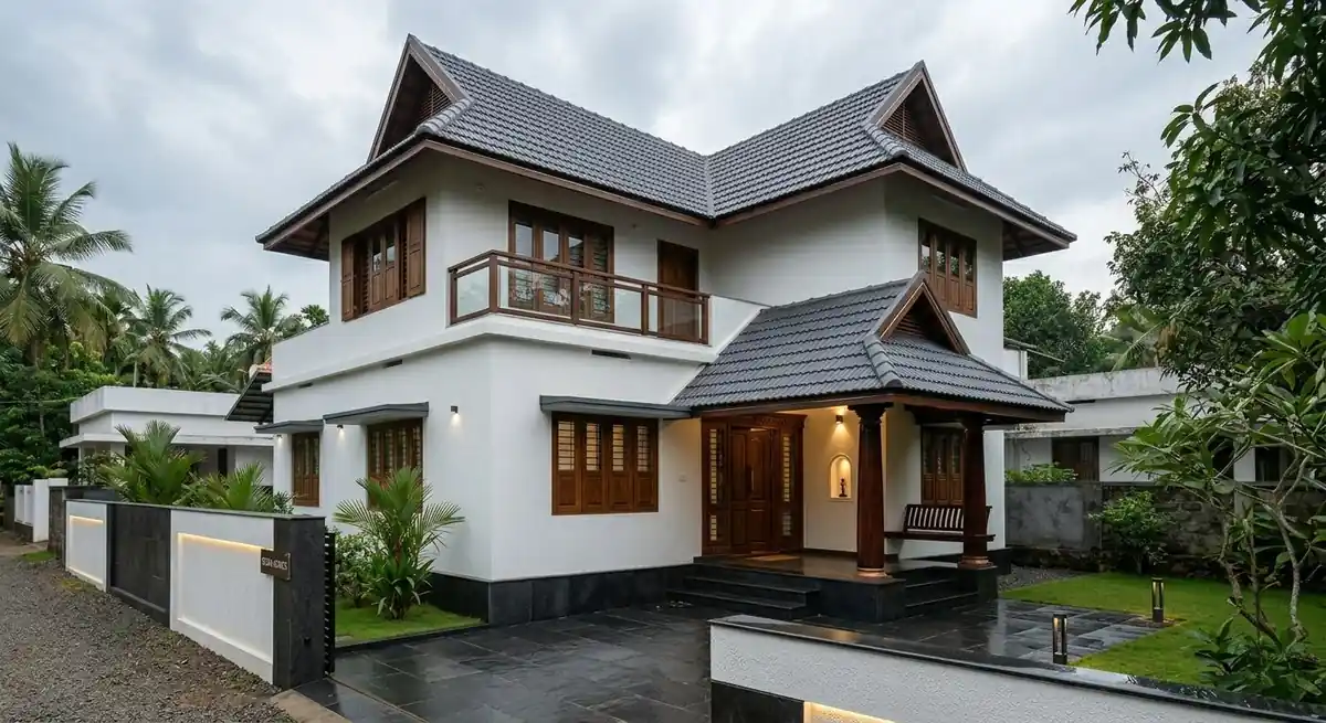 Dark tiled gable roofs with deep eaves over a columned porch, seen on a wet driveway after rain