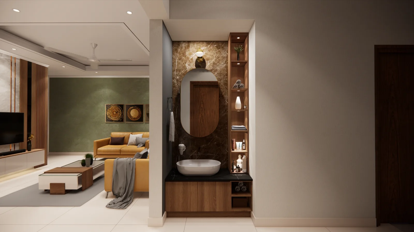 Wash counter with oval mirror and marble backdrop, Kazhakkoottam, Trivandrum - interior design by Radianz, architects in Trivandrum