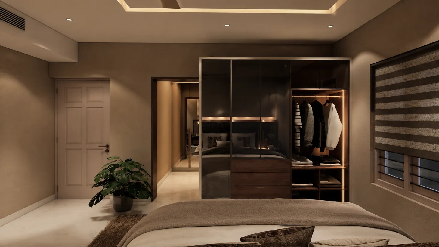 Bedroom with a tinted glass wardrobe and an open walk-in closet, a window with slatted blinds and a plant in the corner