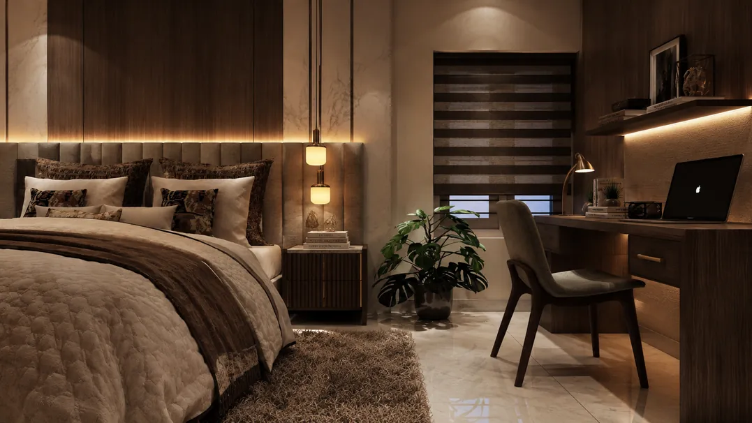 Bedroom with a built-in study desk by the window, a laptop on the desk and pendant lights beside the bed